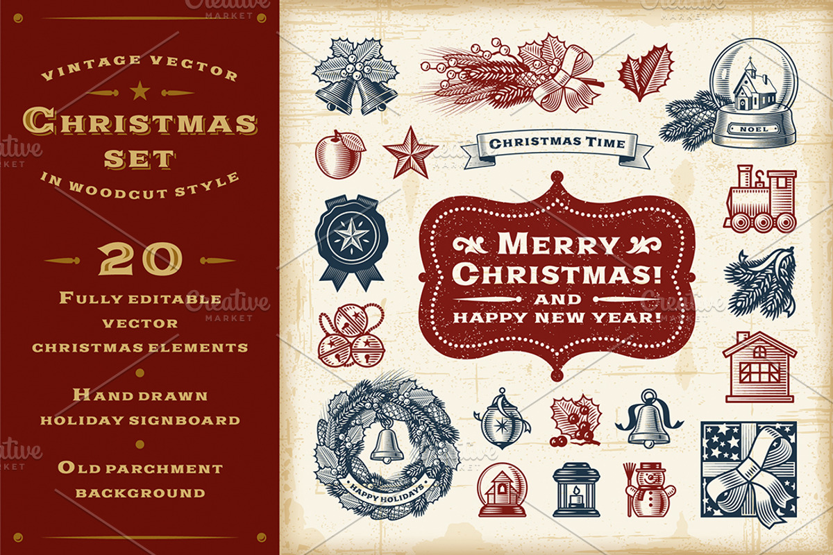 Vintage Christmas Set, a Decorative Illustration by Retro Graphics (Photo 1 of 2)
