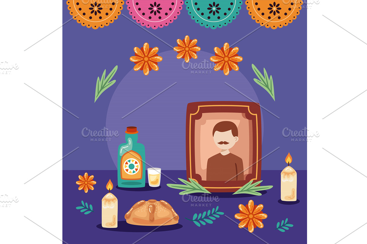 dia de los muertos altar and flowers, an Illustration by studiogstock
