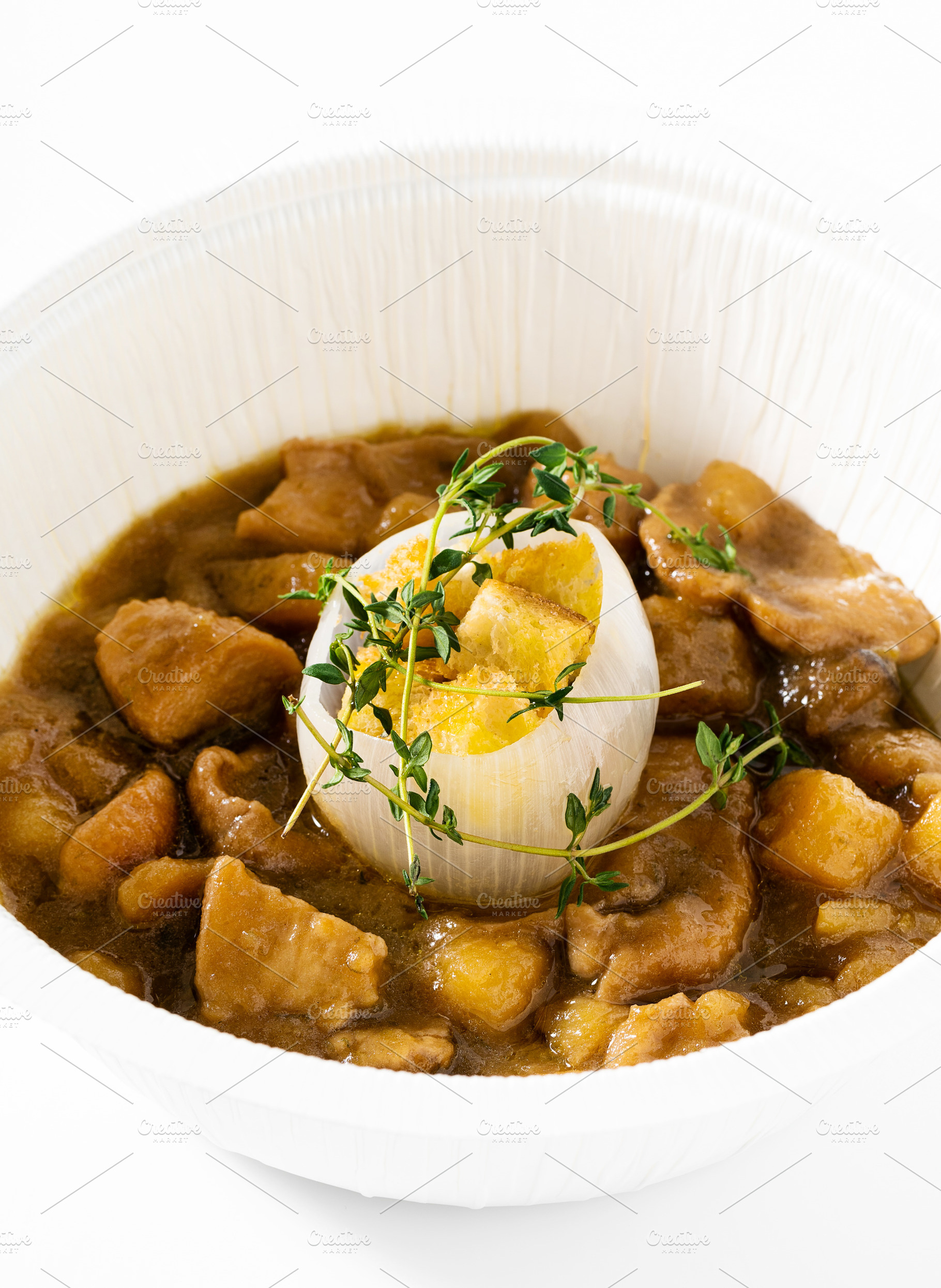 Potato and fresh porcini mushroom soup with caramelized onion. M, a Food & Drink Photo by IriGri