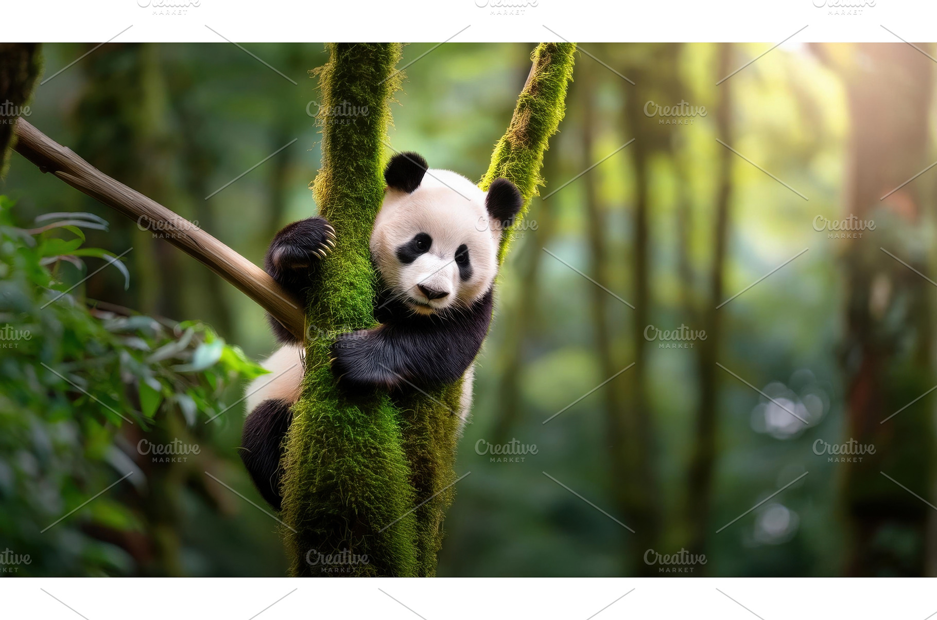 Playful panda climbing a mossy tree, an Animal Photo by Igor Tichonow