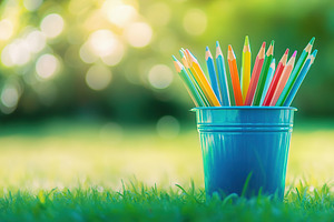 Wooden colorful rainbow pencils in bucket on green grass, a School & Education Photo by AlyaAnd