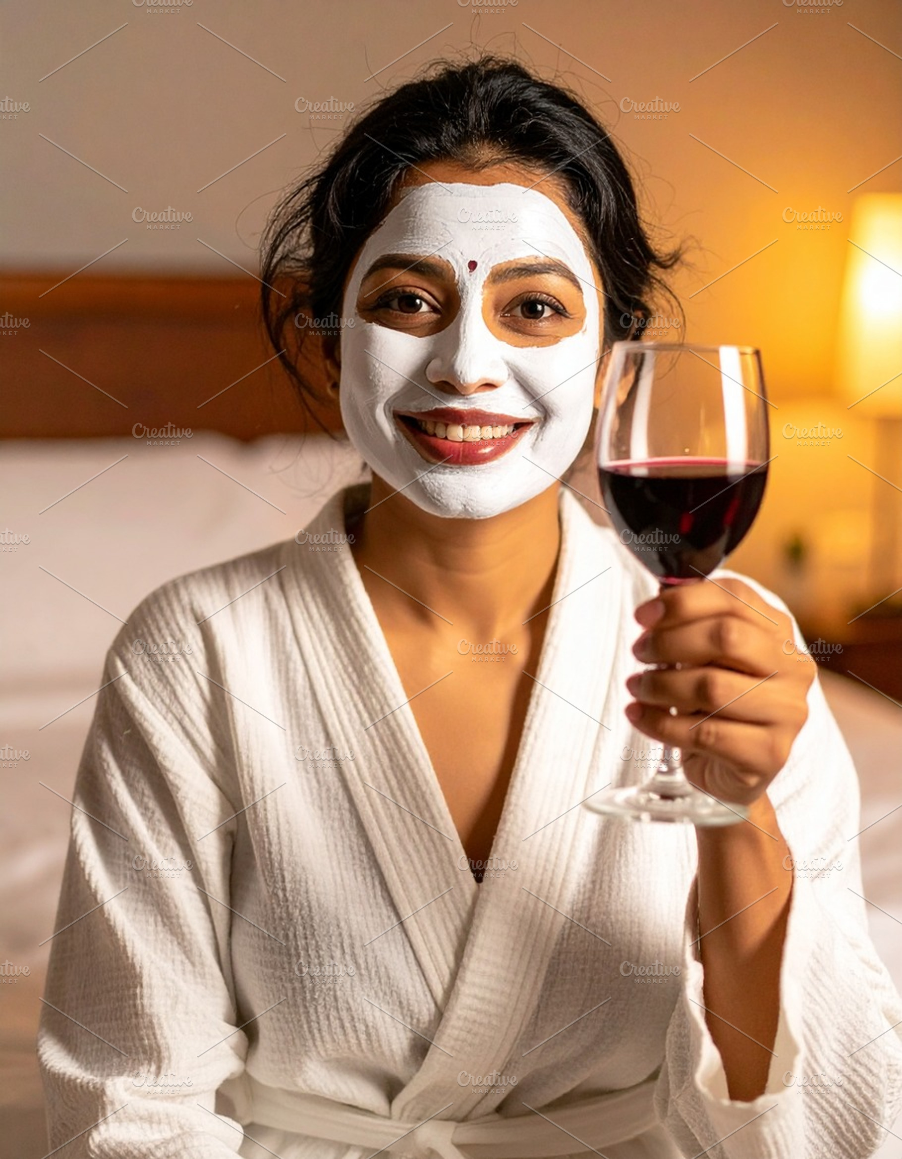 Woman with her face covered by a white facial mask while holding, a Health & Medical Photo by DanFLCreativo