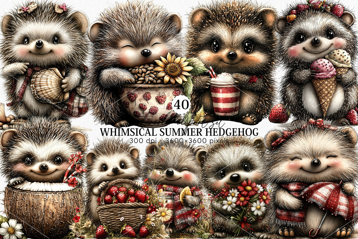 Whimsical Summer Hedgehog Clipart, a Seasonal Illustration by Canvas Craft (Photo 1 of 7)