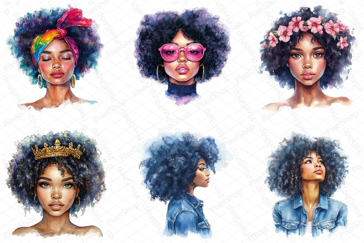 Watercolor Black Afro Girl Clipart, an Illustration by DreamPrint404 (Photo 7 of 7)