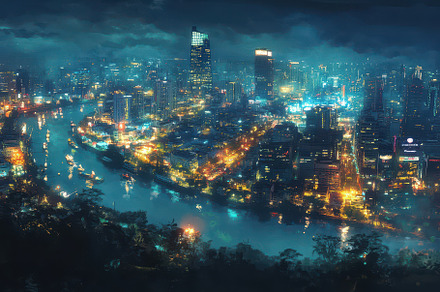 A sprawling city skyline illuminated, a Photo by Tanuart