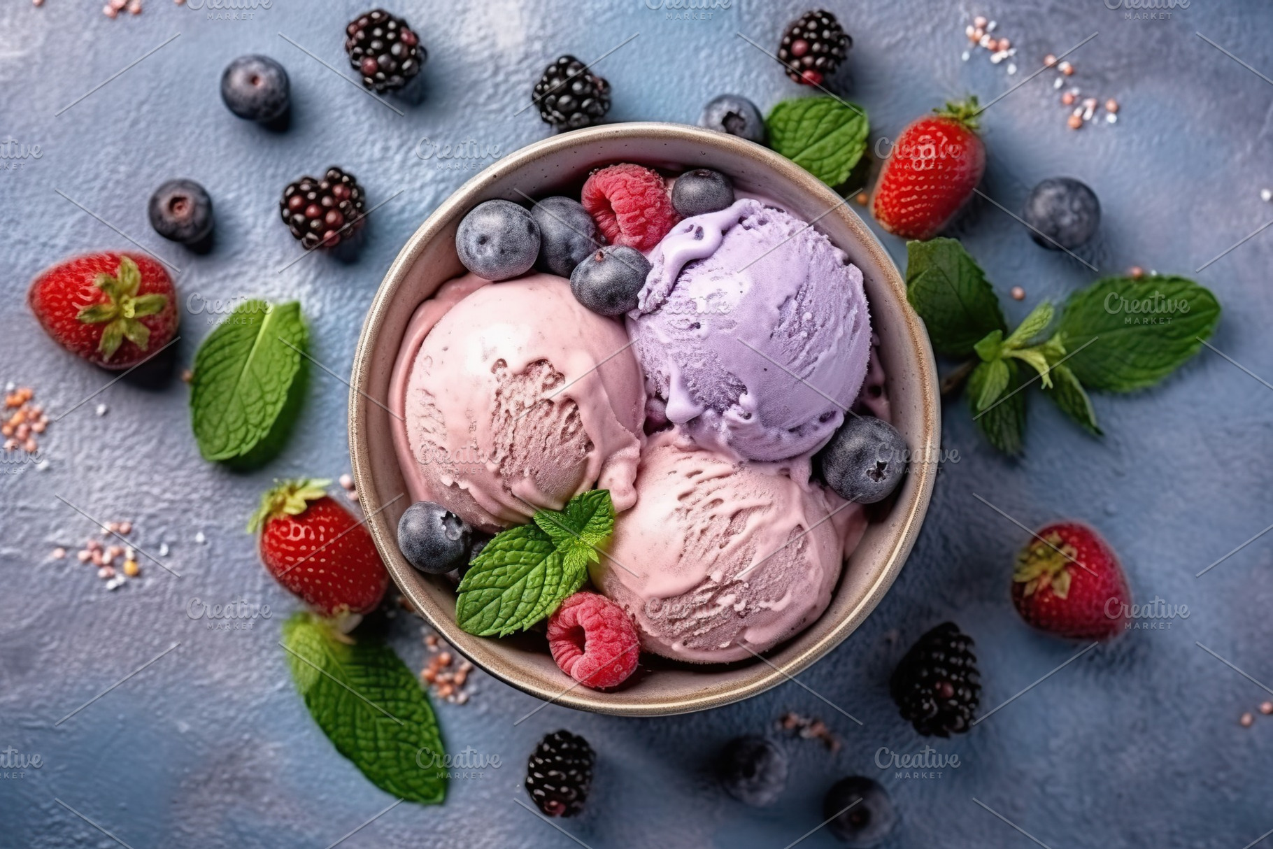 Sweet ice cream balls with berries in bowl. Generative AI, a Food & Drink Photo by AlyaAnd
