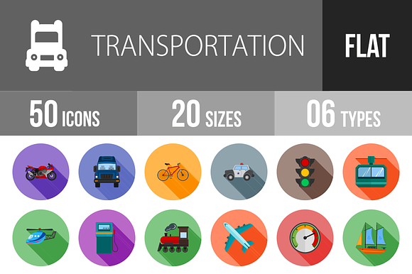 50 Transport Flat Shadowed Icons