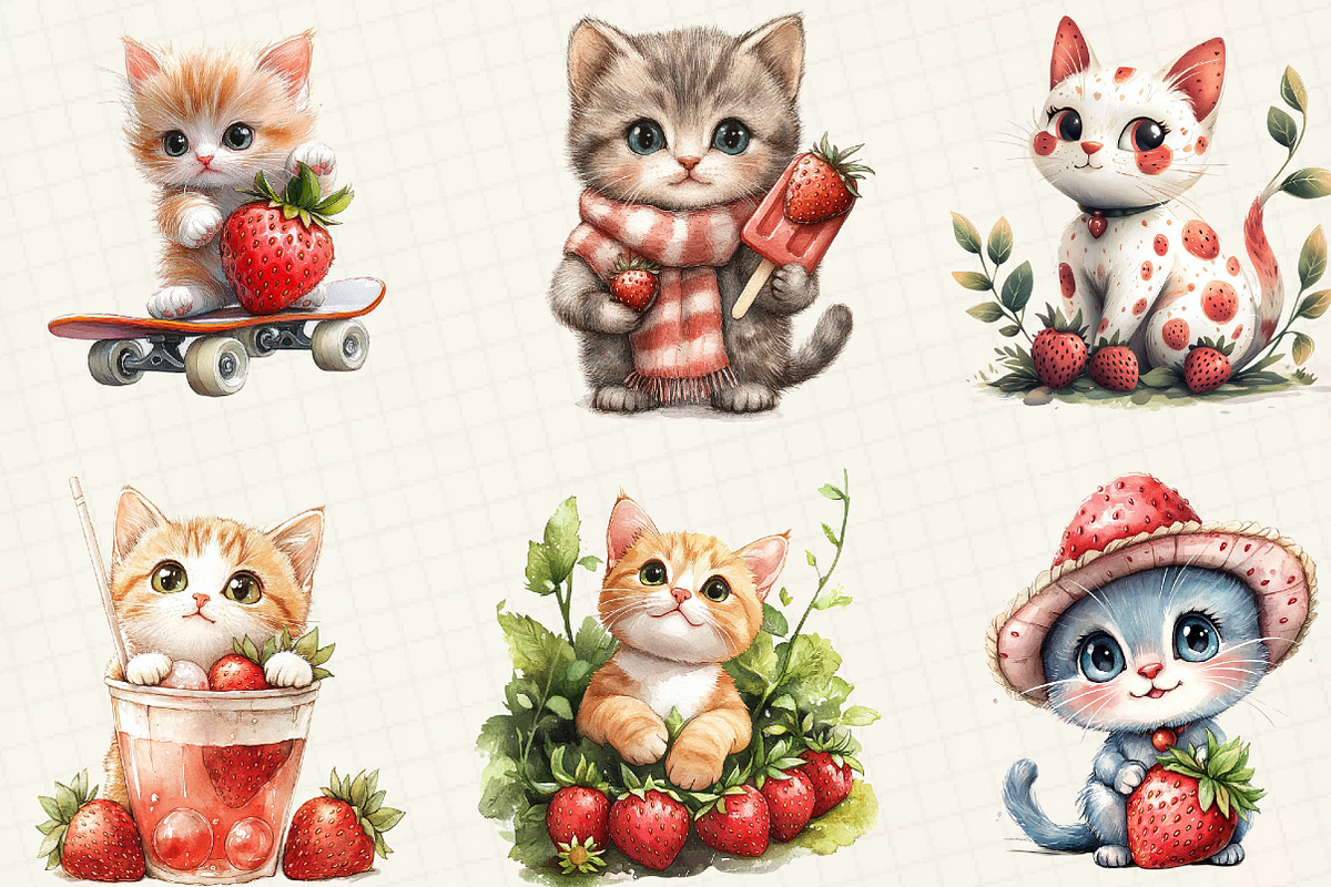 Strawberry Cat Sublimation Clipart, an Illustration by OK Design (Photo 2 of 5)