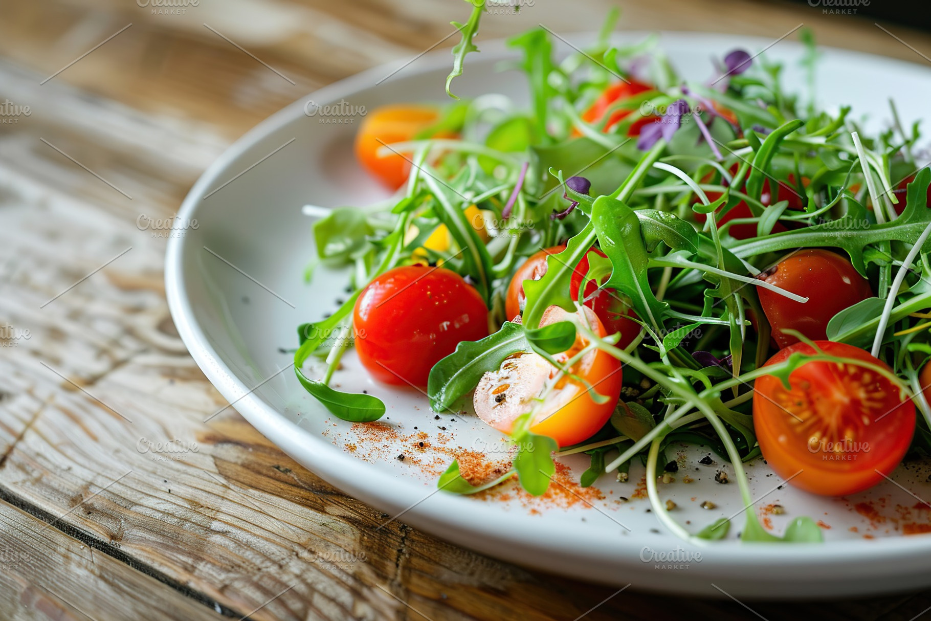 Fresh salad with microgreen, arugula and tomatoes in plate on wooden table, a Food & Drink Photo by AlyaAnd