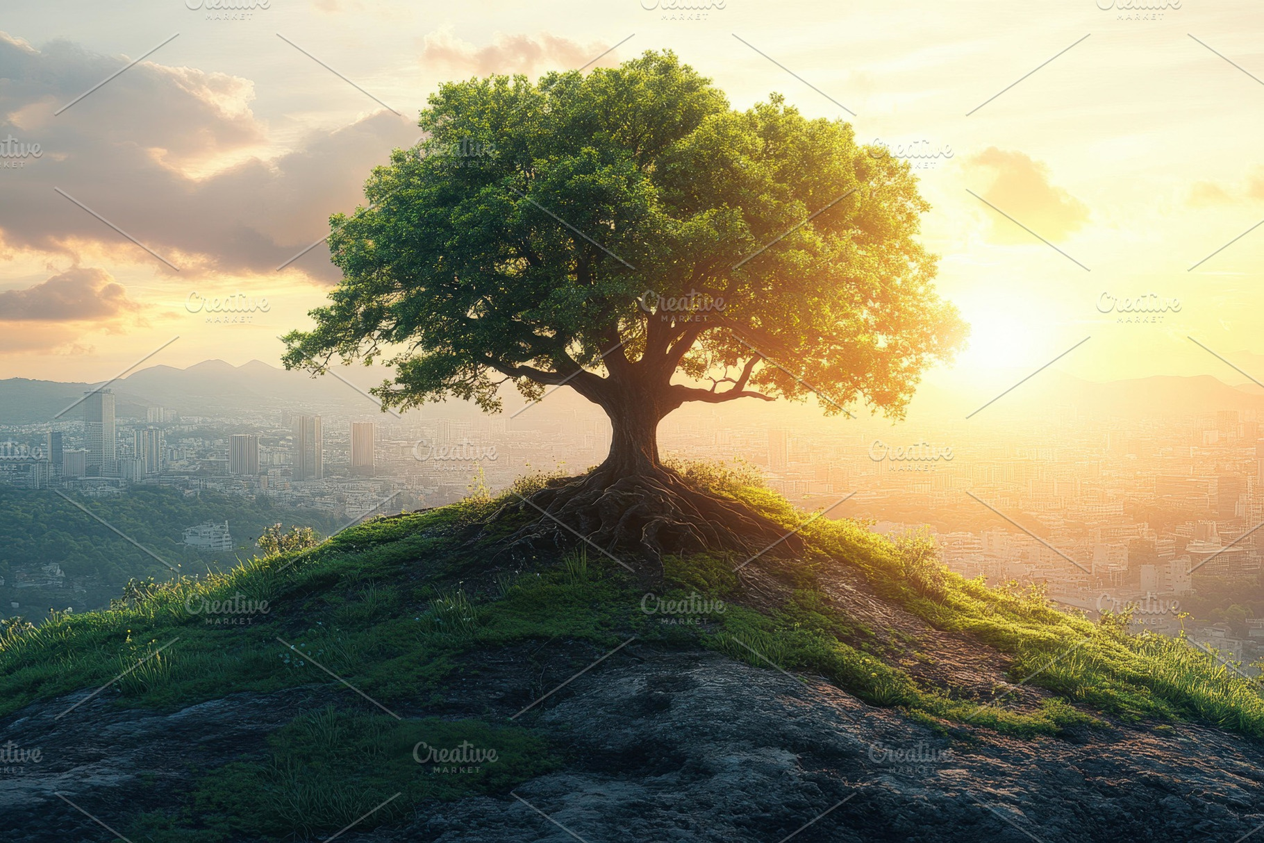 Sunset view of a solitary tree on a, a Photo by Tanuart