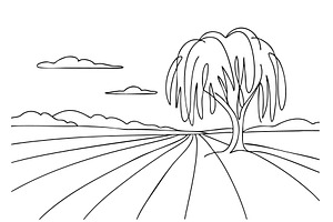 Spring landscape sketch. Line tree