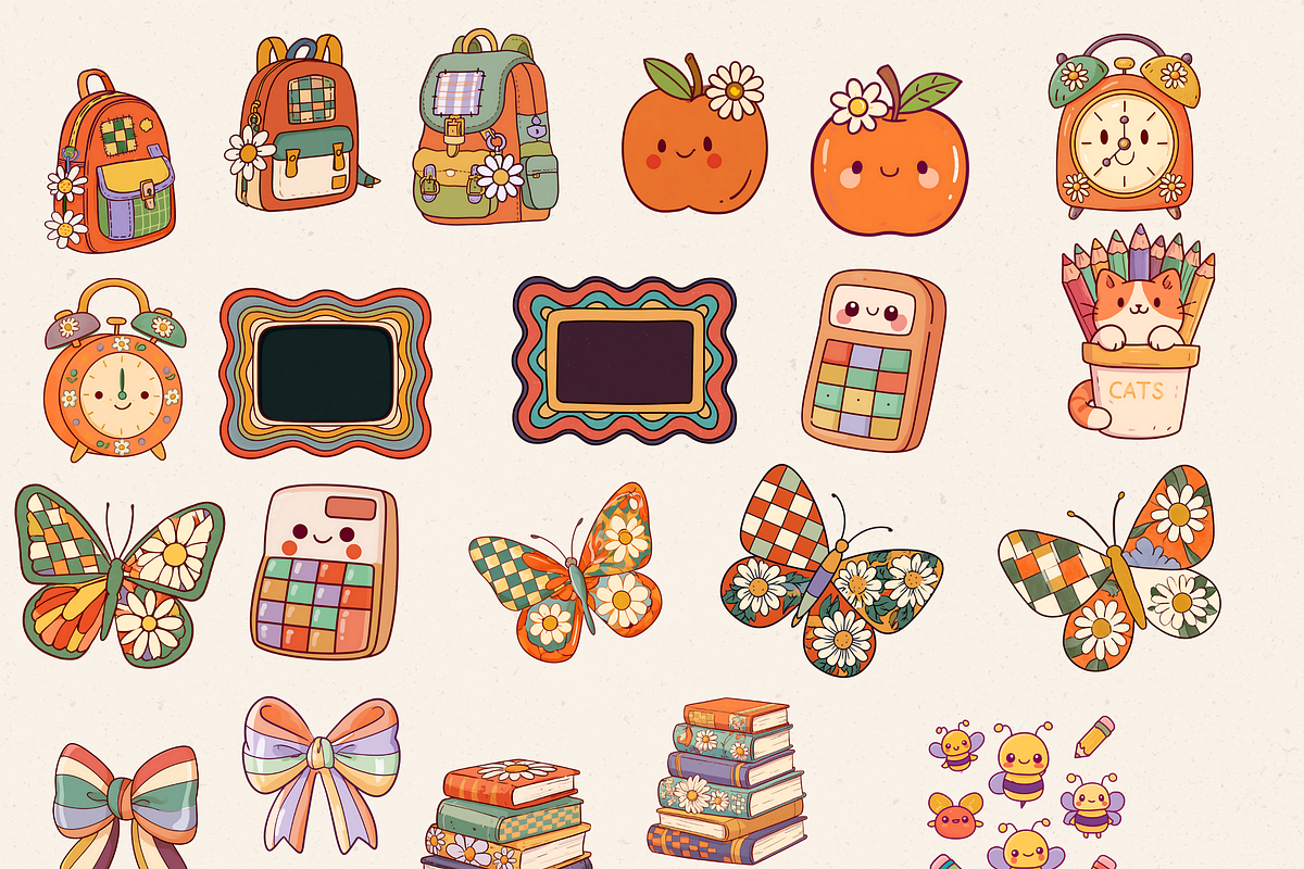 RETRO GROOVY BACK TO SCHOOL CLIPART, an Object Illustration by Daring Digies (Photo 2 of 11)