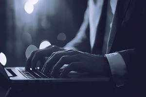 Person typing on a laptop in a dimly lit environment during the evening hours, a Photo by AlyaAnd