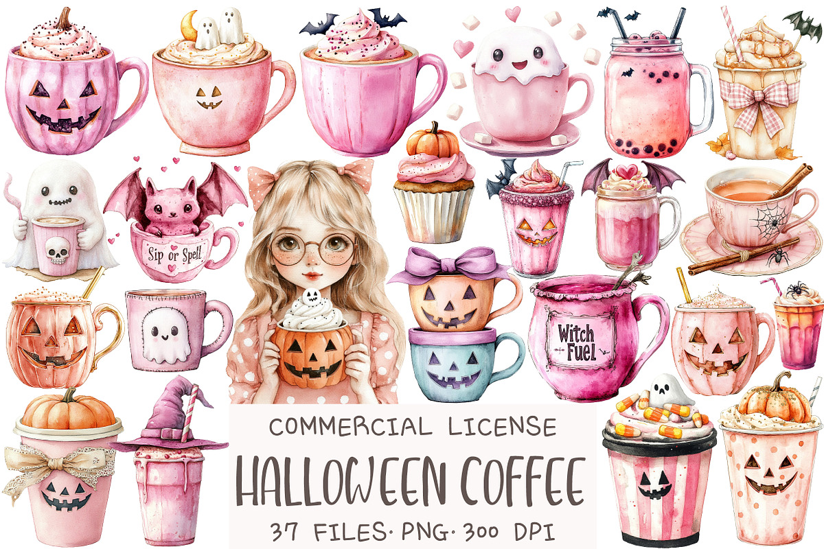 Watercolor Halloween Coffee Clipart, an Illustration by OK Design (Photo 1 of 5)