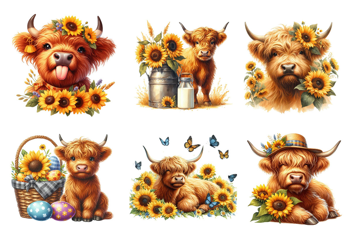 Watercolor Sunflower Highland Cow, an Illustration by CreationArt (Photo 2 of 5)