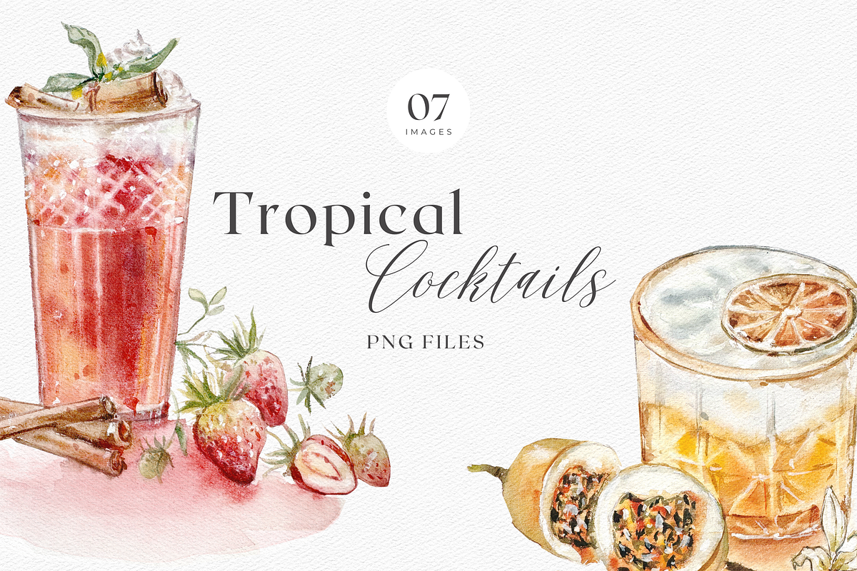 Tropical Cocktails - Watercolor Set, a Decorative Illustration by ThaismotaCreativeCo (Photo 1 of 7)