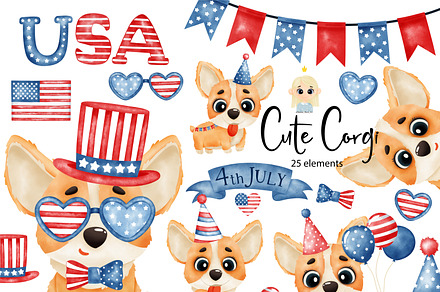 SALE! Watercolor Corgi. 4th of July