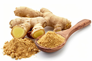 Ground dry ginger in wooden spoon isolated on white background, a Food & Drink Photo by AlyaAnd