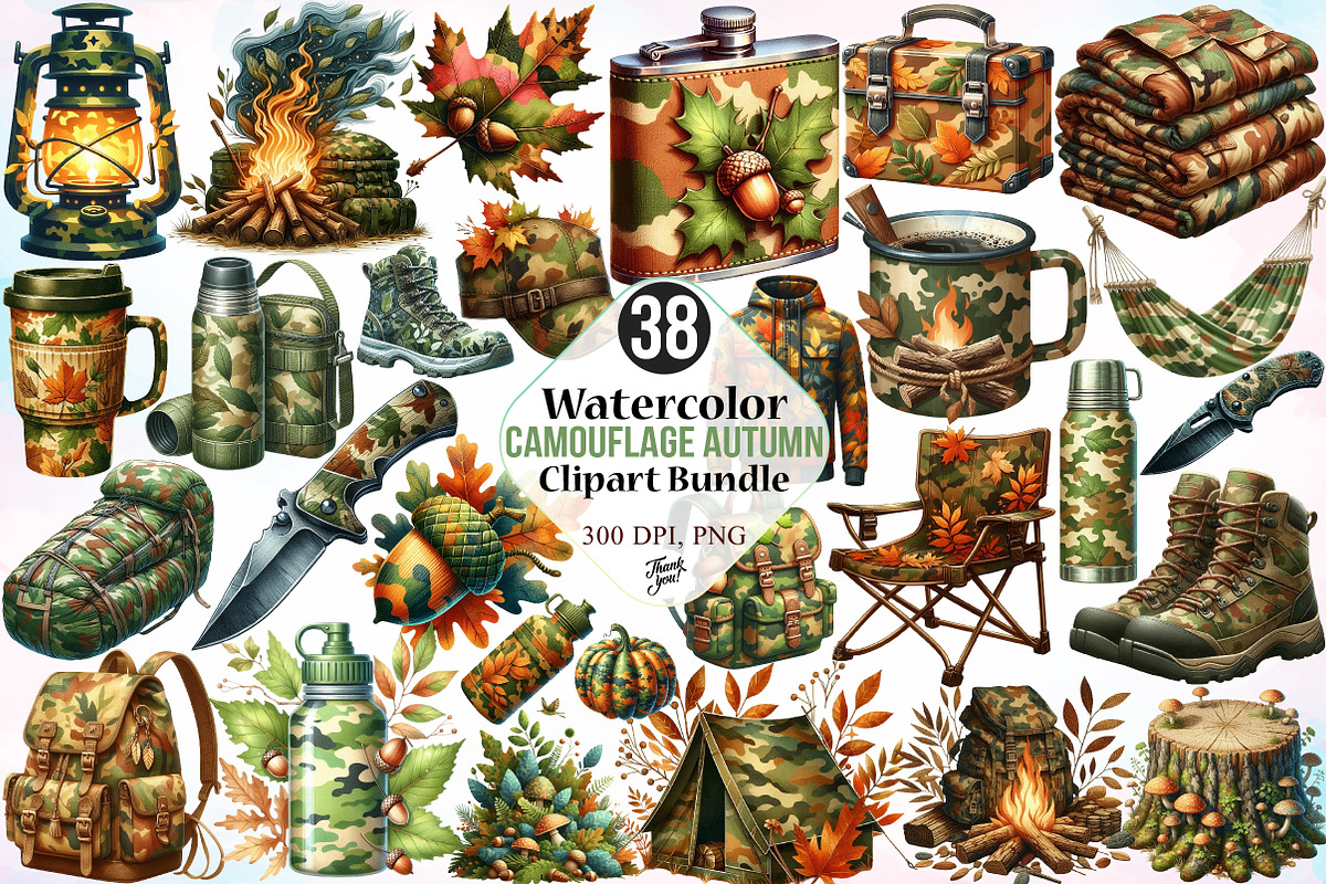 Watercolor Camouflage Autumn Clipart, a Seasonal Illustration by Canvas Craft (Photo 1 of 8)