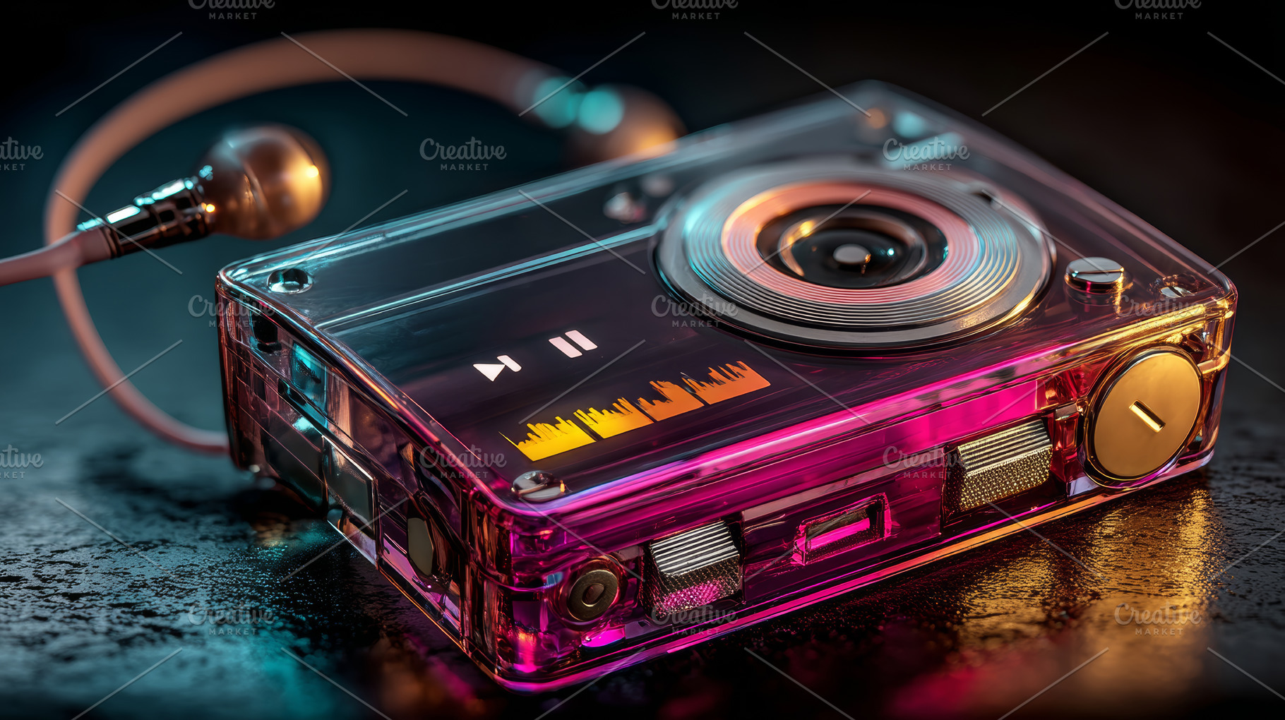Retro transparent music player with neon pink cassette style design, earphones, a Photo by AS photostudio