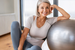 Senior woman leaning on an exercise ball sitting in room, a Sports & Recreation Photo by Davizro's Market
