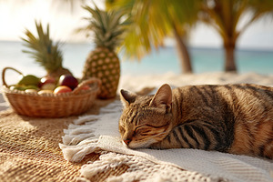 Relaxing on a beach under a palm tree with tropical fruits nearby and a sleepin, a Photo by AlyaAnd