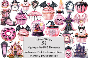 Watercolor Pink Halloween Clipart, a Seasonal Illustration by CitraGraphics