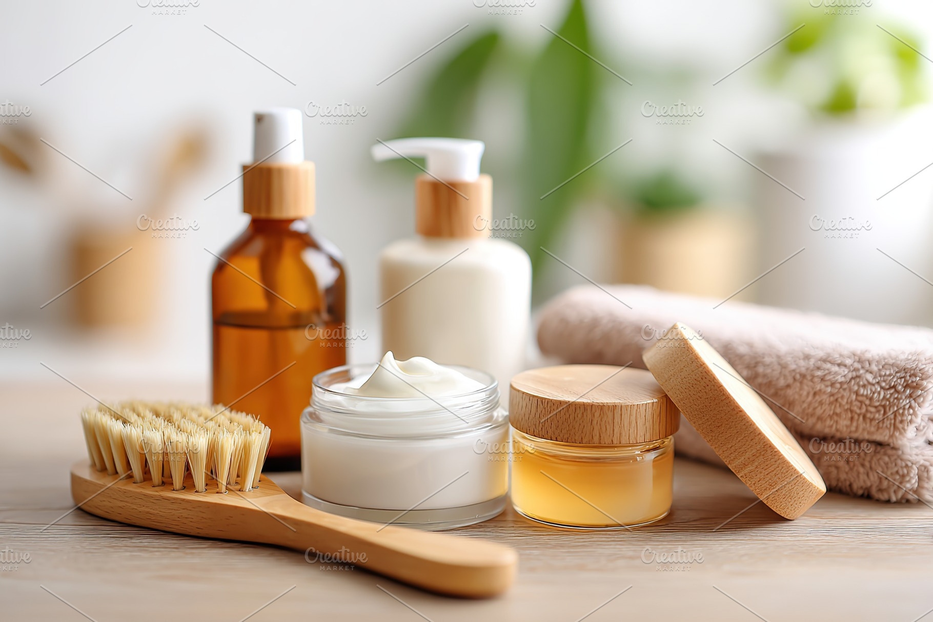 Skincare essentials displayed on a wooden table with creams and tools for beaut, a Beauty & Fashion Photo by AlyaAnd