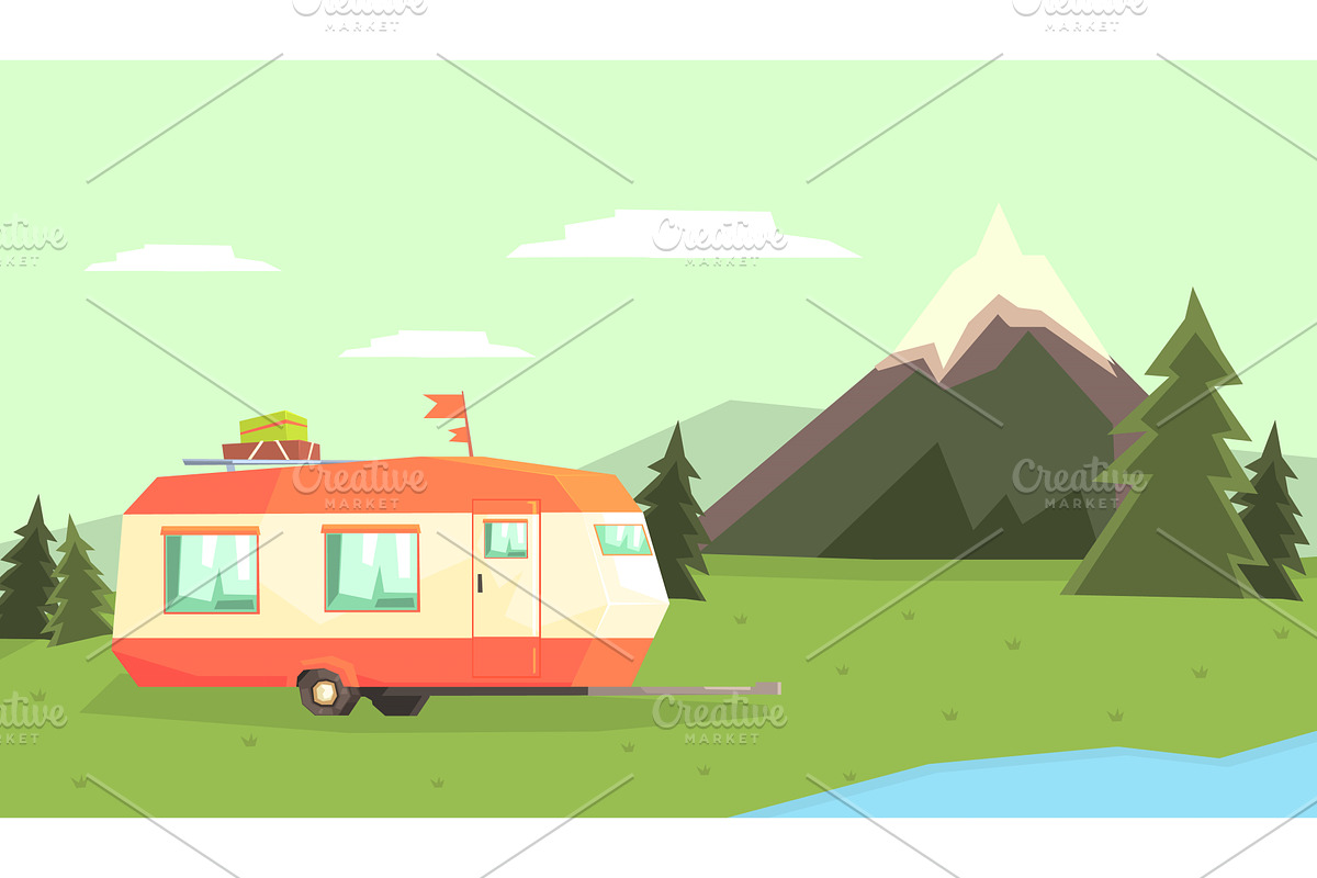 Travel Trailer Against Mountain, a Sport Illustration by TopVectors