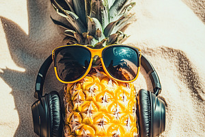 Creative pineapple with sunglasses and headphones enjoying the beach vibes on w, a Photo by AlyaAnd