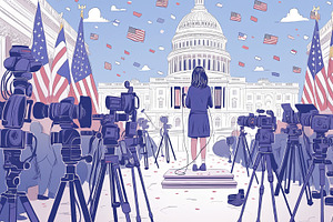 Young woman addressing a public audience with media coverage outside national b, an Illustration by AS photostudio