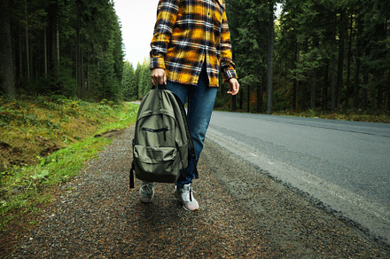Adventure and tourism concept, young woman traveling by auto sto, a Nature Photo by AtlasStudio PRO
