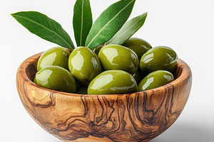 Green olives in wooden bowl with lea, a Food & Drink Photo by Pixeness Studio