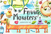 Watercolor Funny Monsters Set, an Illustration by WBS Design (Thumbnail 1 of 6)