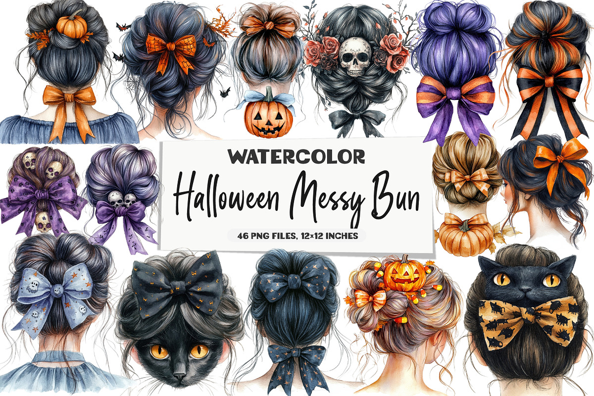 Halloween Messy Bun Png Bundle, an Illustration by DreamArtGraphic (Photo 1 of 5)