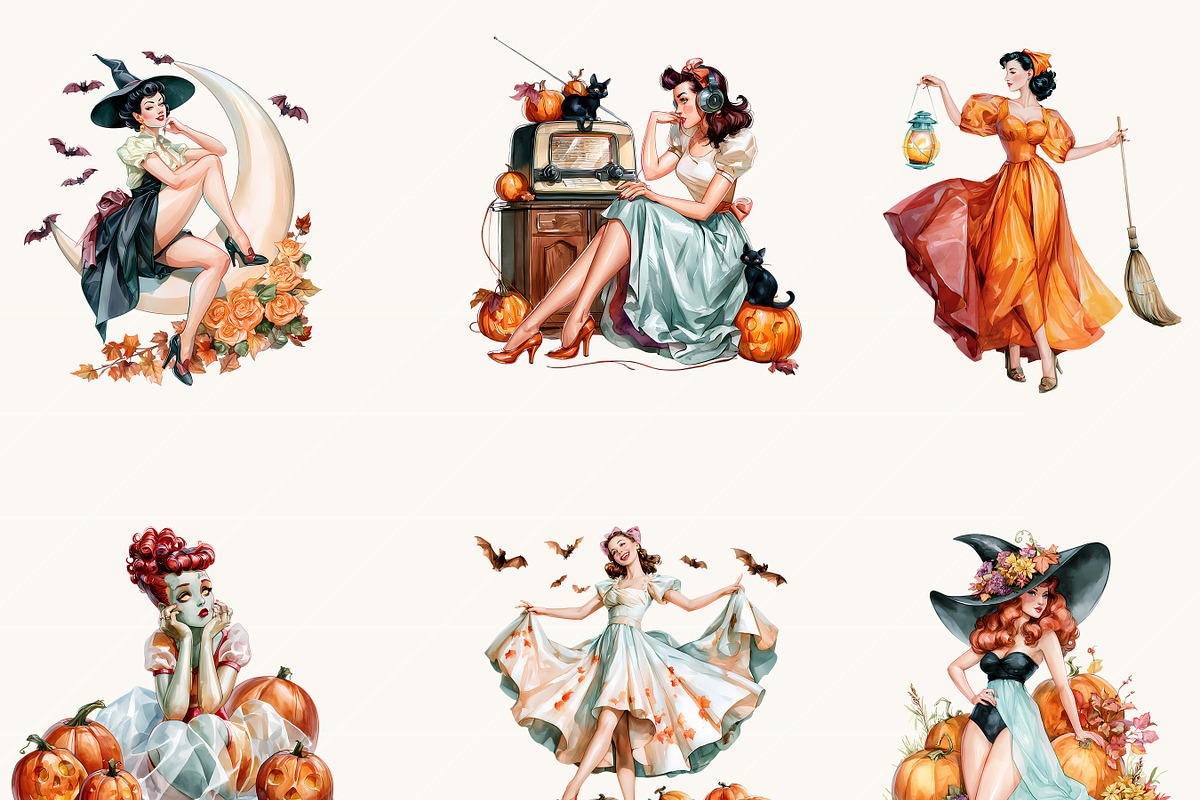 Watercolor Halloween Pin Up Witch, a Seasonal Illustration by BusyDaydesign (Photo 6 of 9)