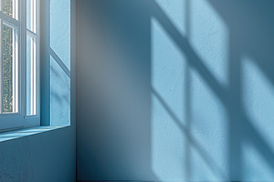 Blue Interior Wall with Window Shadows and Sunlit Tile Floor, a Background Photo by José Manuel Gelpi