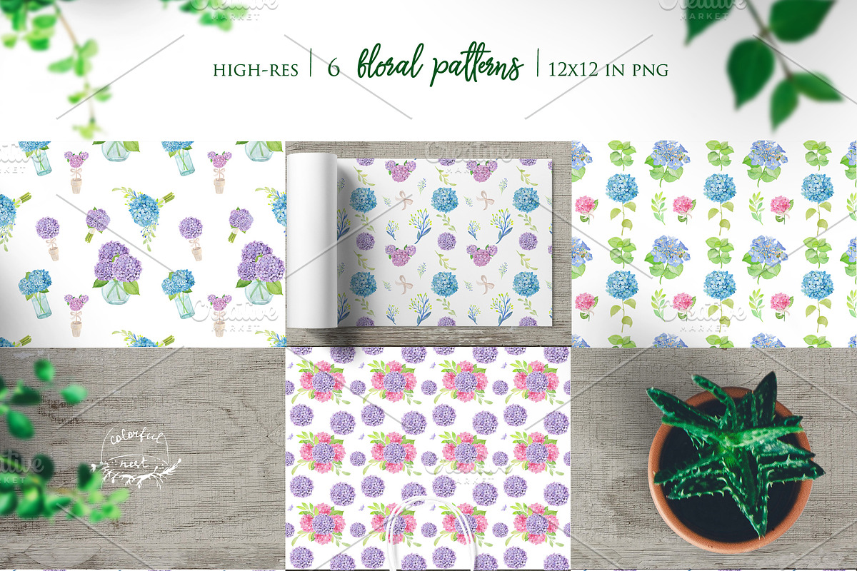 Watercolor Hydrangea Floral Clipart, an Illustration by ColorfulNest (Photo 6 of 7)