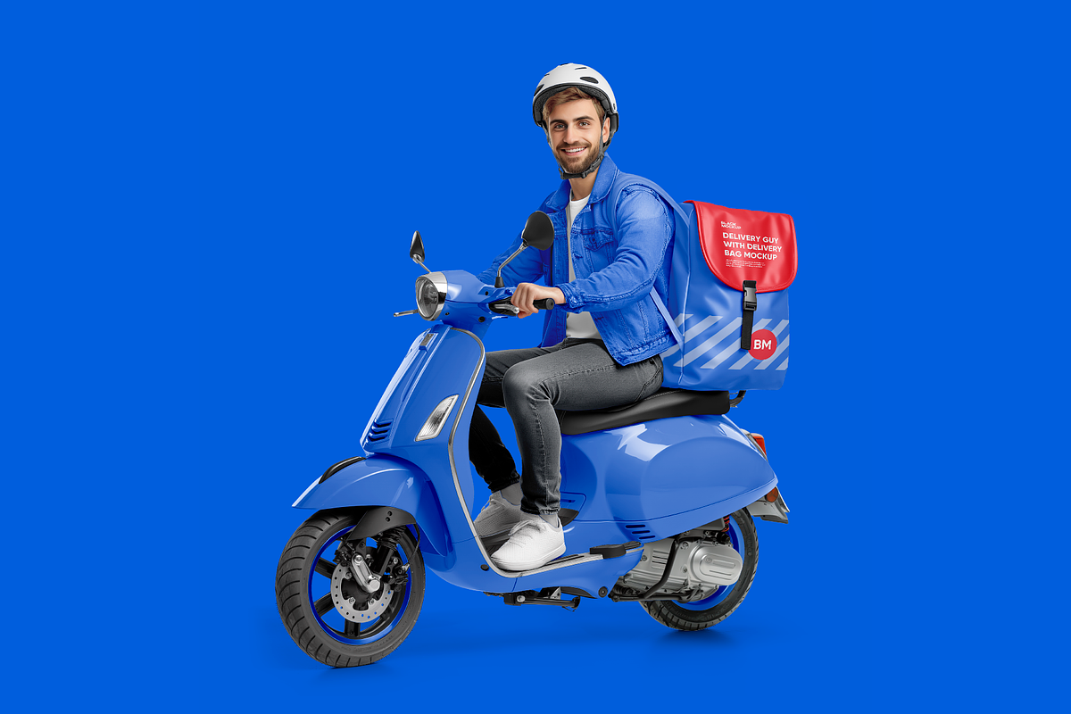 Delivery guy on scooter Mockup, an Advertising Mockup by BlackMockup (Photo 7 of 12)