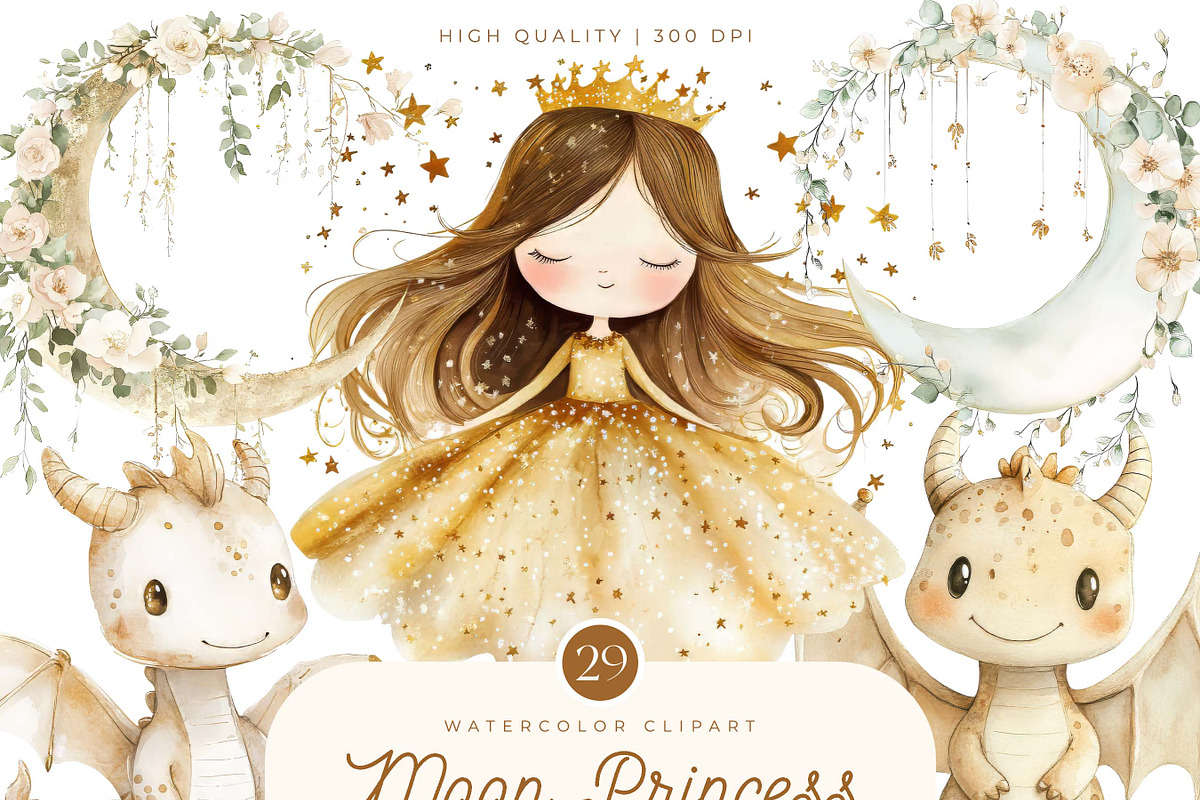 Watercolor Moon Princess Clipart, a Person Illustration by SparkyDesignsUS (Photo 1 of 9)