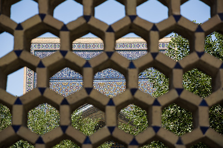 Wall decorated with mosaic with arabesques, seen through a blurr, an Architecture Photo by Angelo D'Amico Photograph