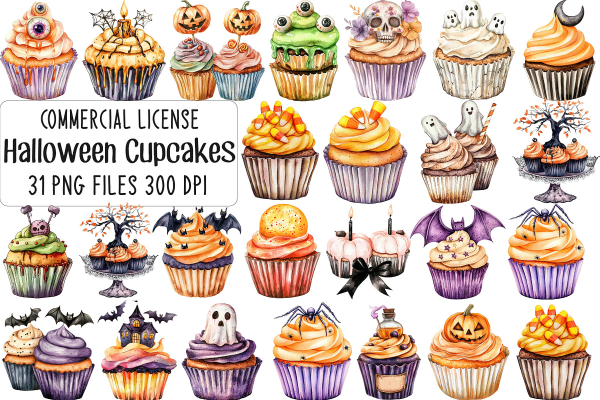 Halloween Cupcakes Vintage Clipart, an Illustration by CraftArtStudio (Photo 1 of 6)