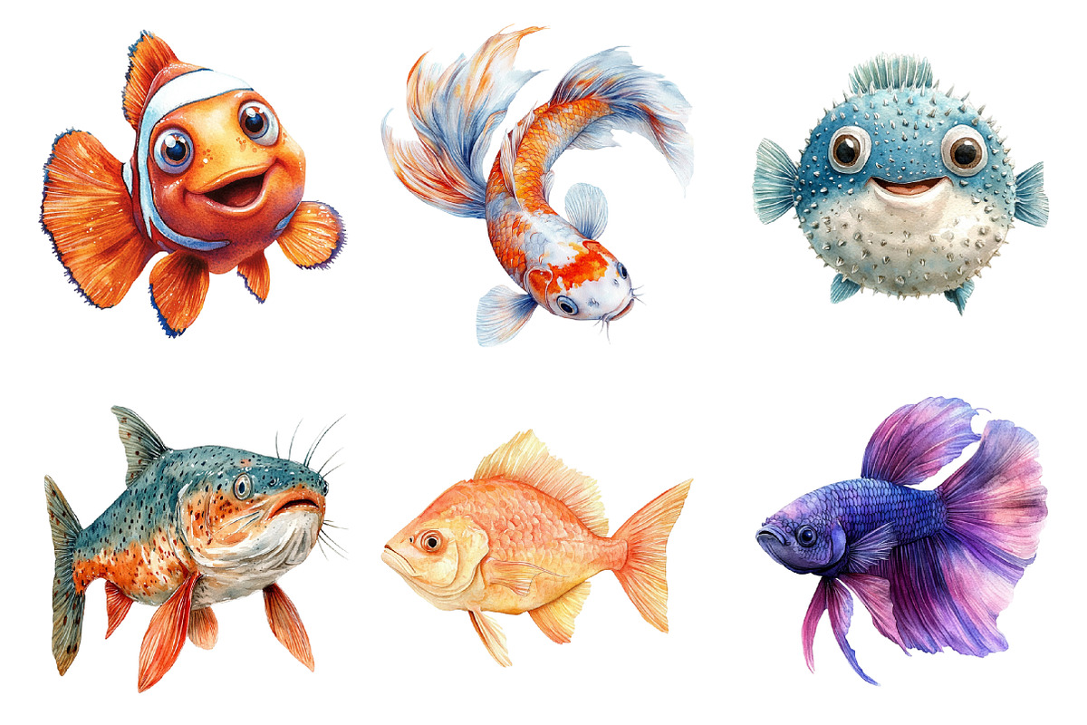 Cute Fishes Clipart PNG, an Illustration by SinaCreation (Photo 2 of 5)