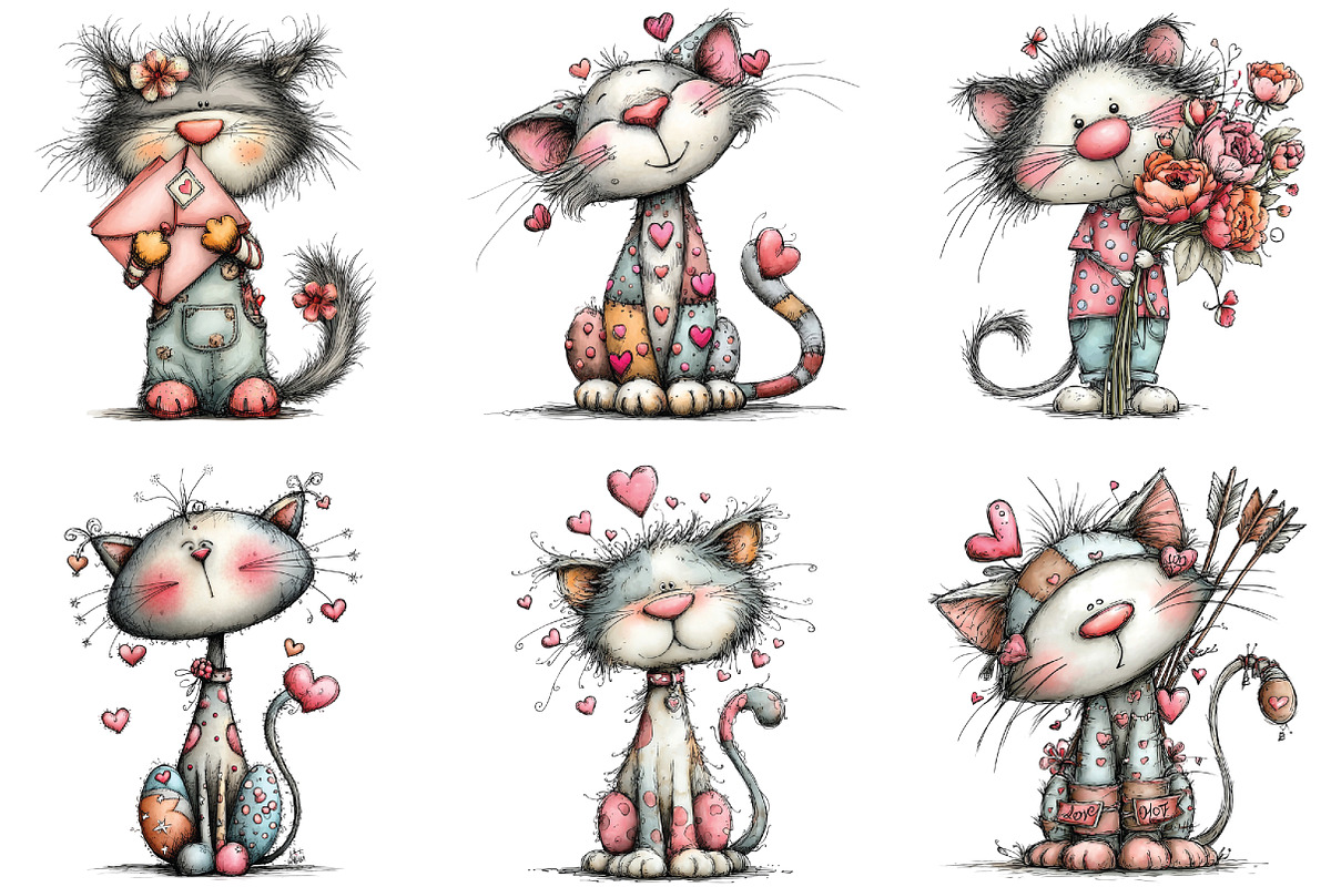 Whimsical Valentine Cat Clipart, an Illustration by CraftArtStudio (Photo 2 of 6)