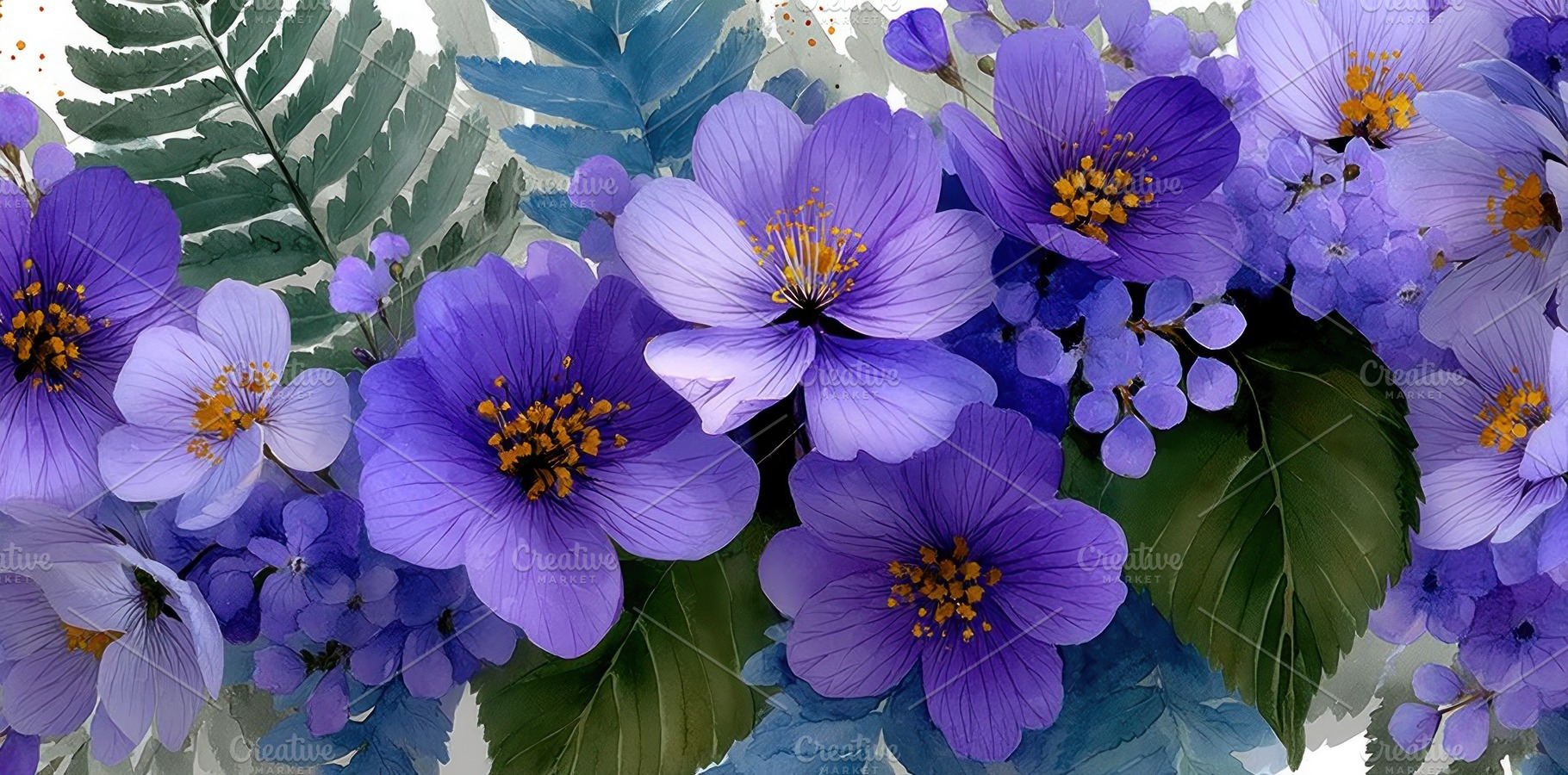 Purple and lavender tropical flowers with watercolor leaves and, a Nature Photo by José Manuel Gelpi