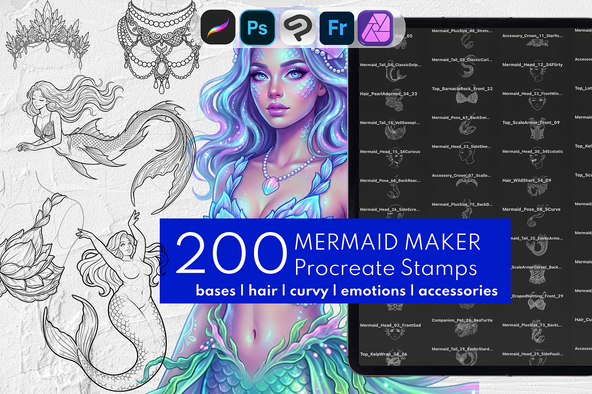 200 Mermaid Maker Procreate Stamps, a Brush Add-On by Selentaori Studio (Photo 1 of 13)