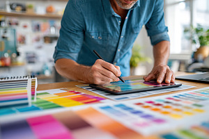 Designer creates colorful graphics on a tablet in a modern workspace during the, a Photo by AlyaAnd