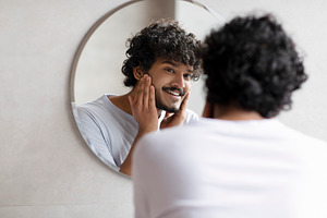Attractive bearded indian man touching face applying moisturizer on face, stand, a Person Photo by Prostock-Studio