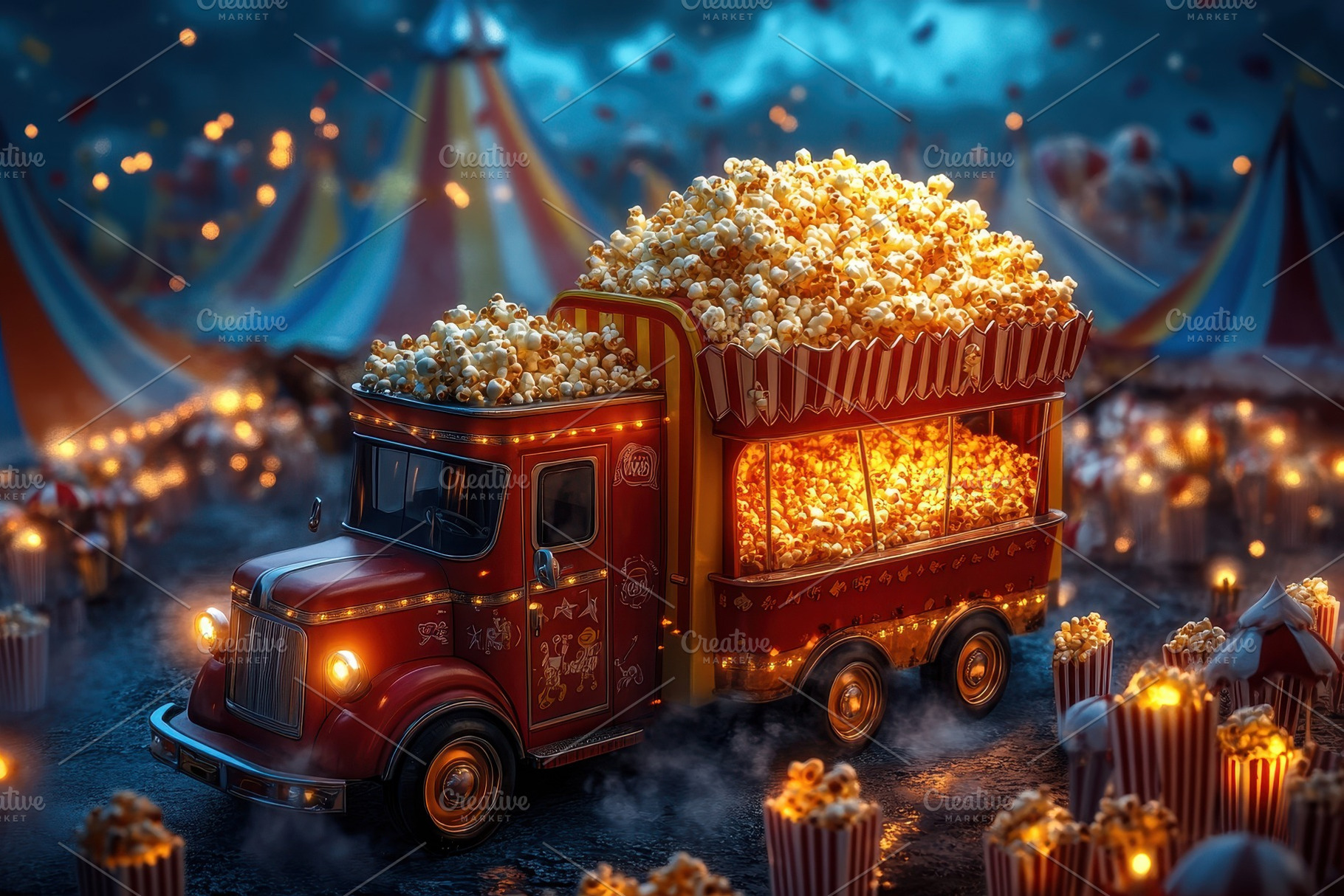 Colorful popcorn truck with a mounta, a Photo by Tanuart