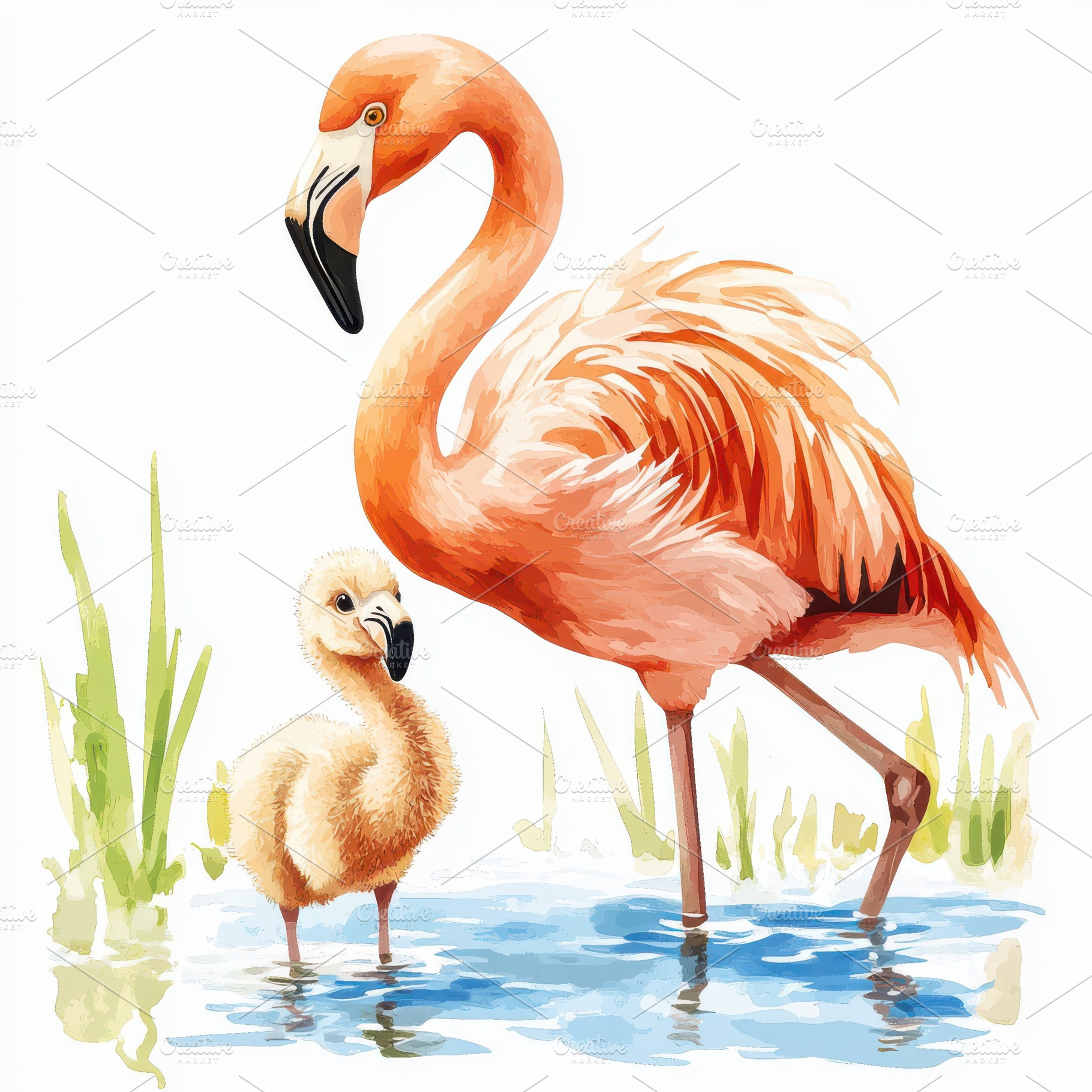Flamingo and Chick in Water Watercol, an Animal Photo by Pixeness Studio
